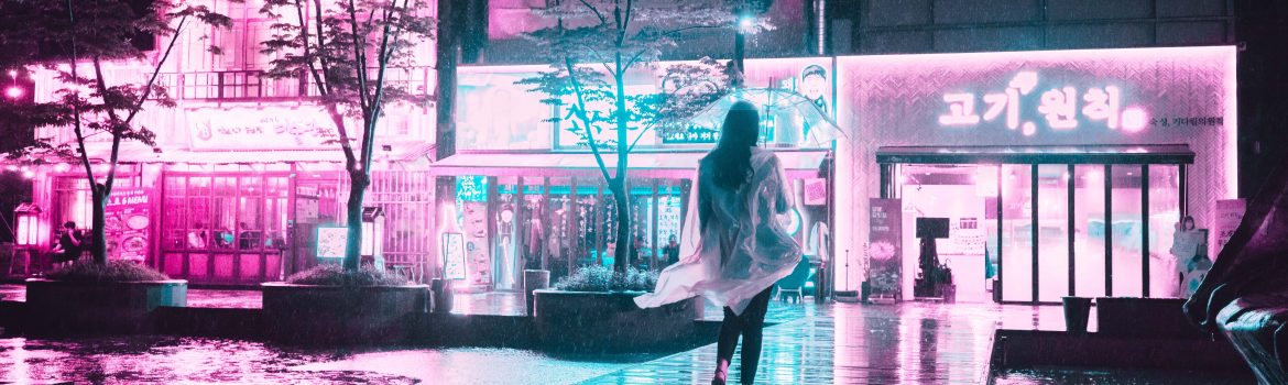 Neon lights and cyberpunk picture and a girl walking down the street.