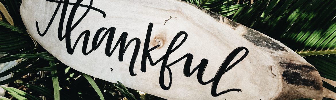 A word "thankful" written in caligraphy on wood with green fern leaves behind.