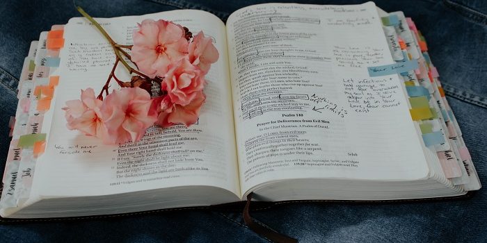 A notebook with notes and writings, pink flowers and bookmarks.